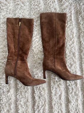 Marc Fisher Brown Suede Knee Boots with Gold Zip